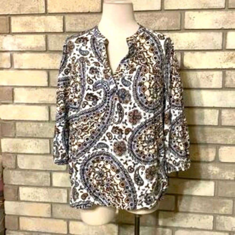 LOFT Women’s Paisley White Brown Black Longsleeve Flowy Blouse Size Small